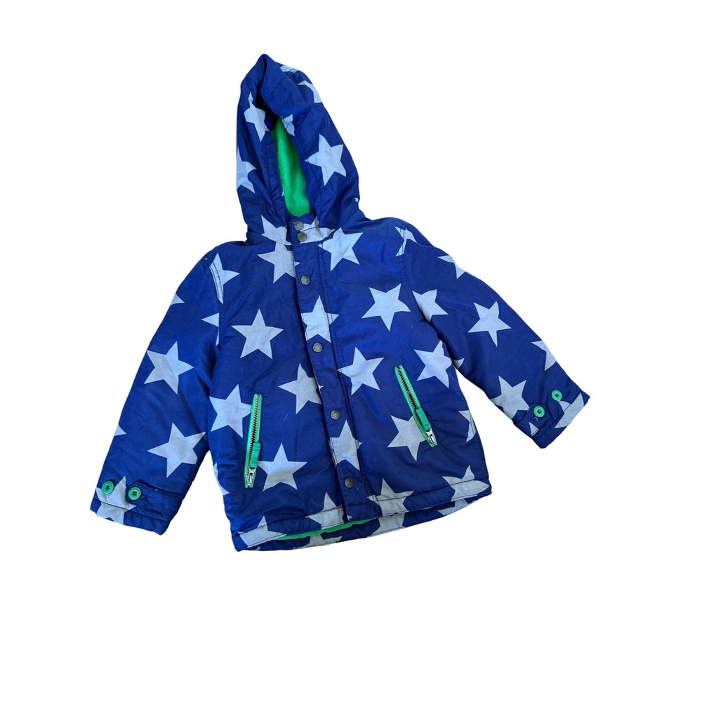 Mini Boden Boys Blue Star Print Hooded Puffer Jacket Green Fleece Lined 5-6Y